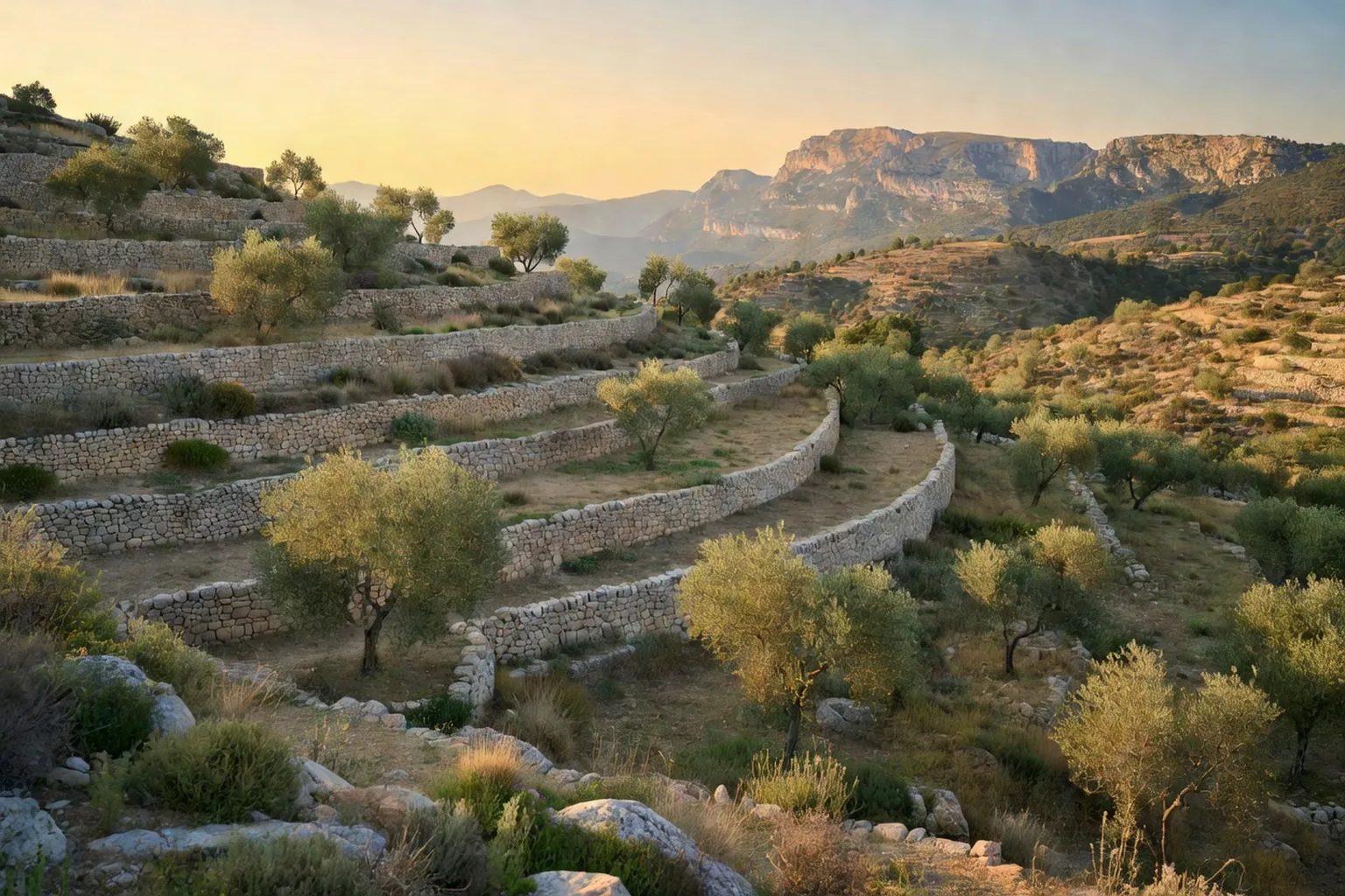 Terrasses de pierre sèche et oliveraies au coucher du soleil dans les Baronnies drômoises